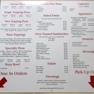 the menu for the restaurant