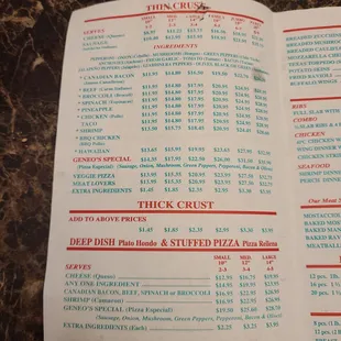 Pizza menu