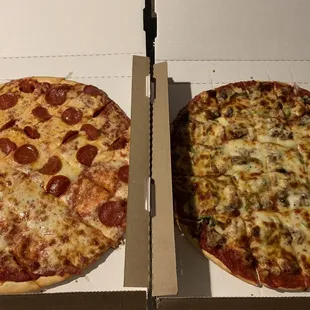 Half Cheese, Half Pepperoni, on the left! Sausage, Mushroom, Onions, Green Peppers on Crispy Crust!