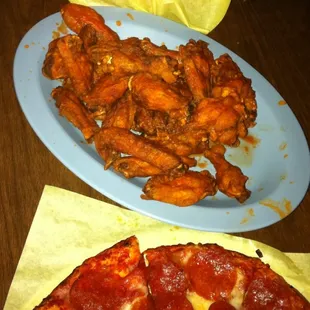 Fries, Hot Wings, and Pepperoni Pizza.