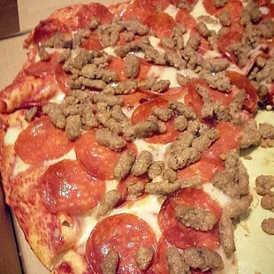 Large pepperoni &amp; sausage. $22 somethin'.