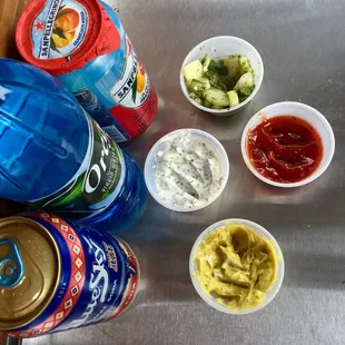 Sauces: cucumber green onion salad, twist on ketchup-w/more spices, cucumber mint and a curry aioli
