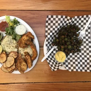 Break your fast sandwich with hand cut fries, fried chicken, and okra!!