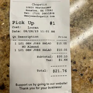 Paid receipt for to L1. General Joe&apos;s Salads.