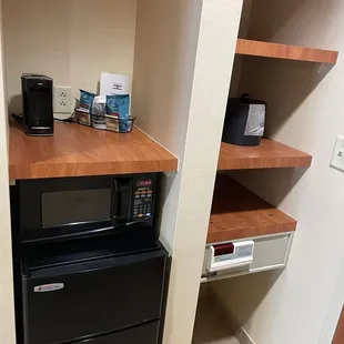 Coffee maker. Safe. Fridge. Microwave.