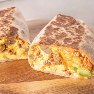 a breakfast burrito cut in half
