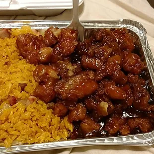 General Tso's chicken pork fried rice combination platter.