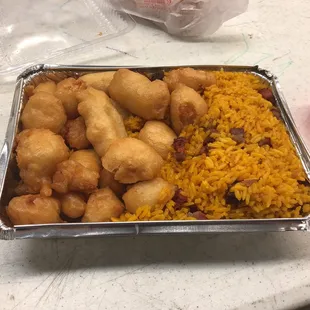 Sweet sour chicken and pork fried rice