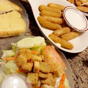 Side salad, mozzarella sticks, chicken strip dinner
