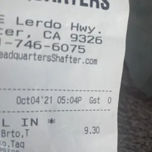 the receipt for the restaurant