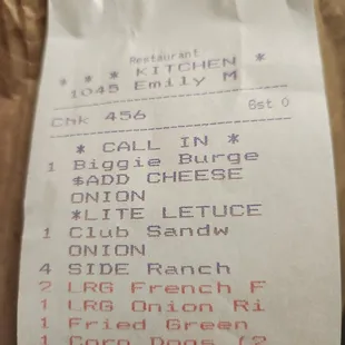 the receipt for the restaurant