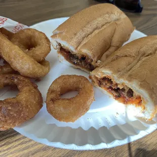 eggplant parmesan sub with onion rings