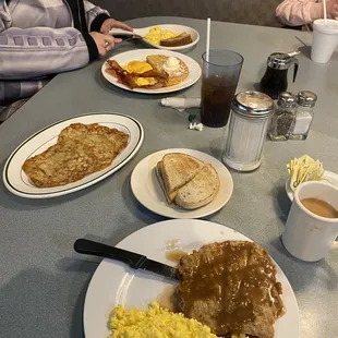 Breakfast menu scrambled eggs French toast eggs and toast