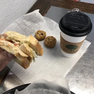 Smokehouse chicken sandwich (can't see the bacon), protein bites, latte.