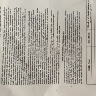 The waiver given for the kids club.