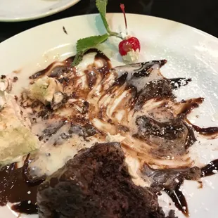 a piece of chocolate cake and ice cream