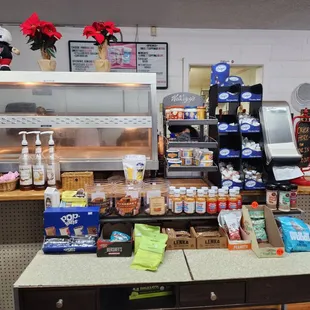 a counter full of food items