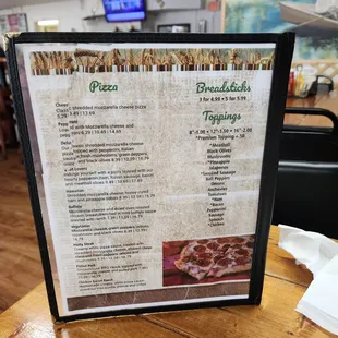 a menu for pizza