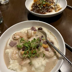 Shrimp and grits. Beef stew