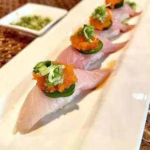 Hamachi Nigiri - special request for jalapeños, ponzu, and masago