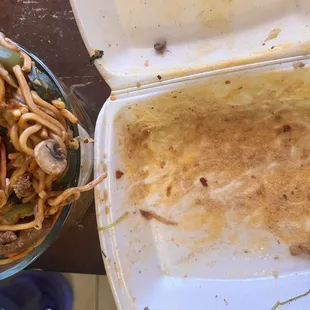 Noodles melted through styrofoam  such a waste.  Ingesting melted styrofoam is not ok!!!!