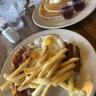 Hungry Man Meal: 3 eggs, 3 sausage links, 3 bacon strips with french fries and all you can eat pancakes.