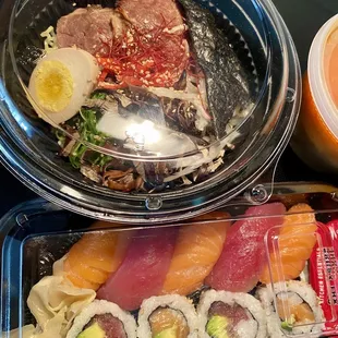 Spicy miso tonkotsu ramen and tuna and salmon roll combo