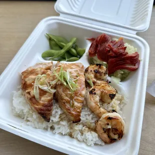 Salmon Teriyaki with a side of prawns