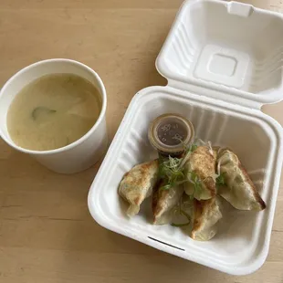 Miso soup and daily special - salmon gyoza