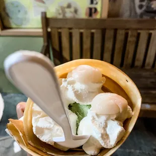 Green Tea Ice Cream and Lychee crepe