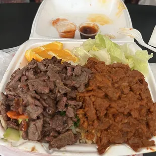 a plate of meat and vegetables