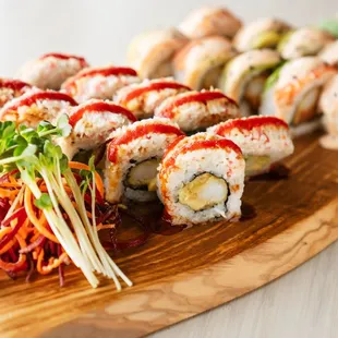 a variety of sushi rolls