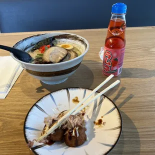 Original Genki Tonkotsu ramen with strawberry ramune drink