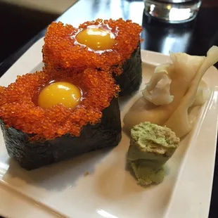 Flying fish roe with quail egg