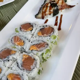 a plate of sushi rolls