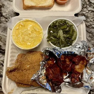 Catfish and Wings Dinner with Mac and cheese and greens