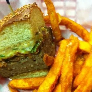 Bacon cheddar peanutbutter burger with sweet potato fries