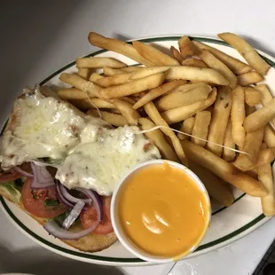 a plate of fries and a sandwich