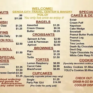 the menu for the restaurant