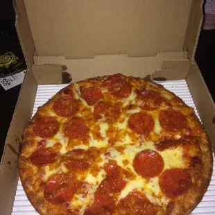 Small pepperoni.  Crust is perfect, very little grease for pepperoni!