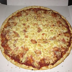 24" Hawaiian pizza, the one and only " beast" feeds up to 7 people.