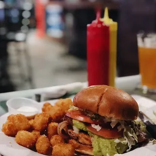 "Chicken Club" on a bun with tots on the side. No need for dipping into ranch on the club, it was so juicy!!!!