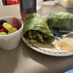 Fish taco wrap with fruit