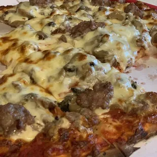 a pizza with meat and cheese