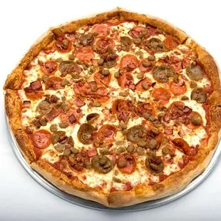 A mouthwatering meat lovers pizza with a generous amount of cheese from Genova's To Go.