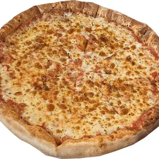 Treat yourself to a scrumptious Genova's To Go Cheese Pizza, perfectly presented on a metallic plate.