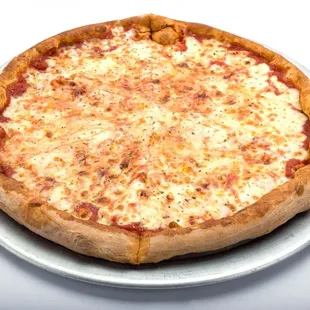 Treat yourself to a scrumptious Genova&apos;s To Go Cheese Pizza, perfectly presented on a metallic plate.