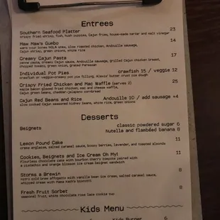 Entrees and Dessert Menu