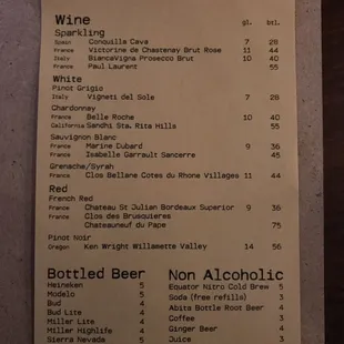 Wine/Beer/Non Alcoholic Menu