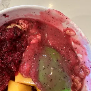 Acai had ice chunks in it I think that's why it was so liquidy. I've had lots of acai bowls before and they were never like this.